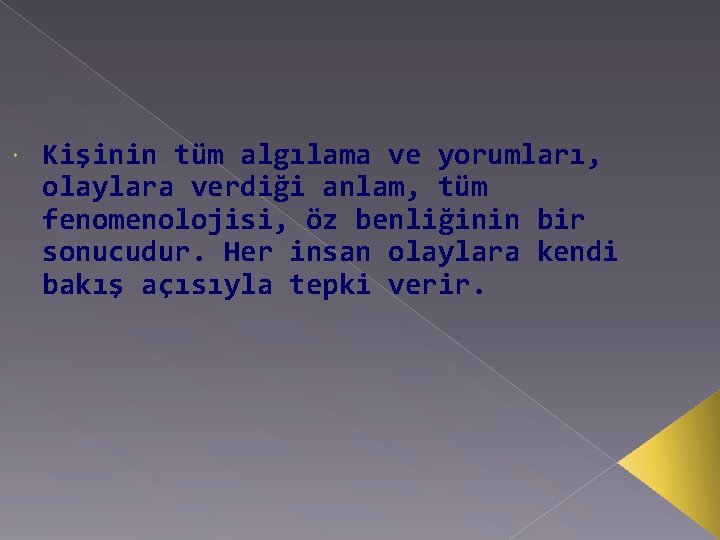  Kişinin tüm algılama ve yorumları, olaylara verdiği anlam, tüm fenomenolojisi, öz benliğinin bir