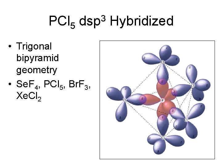 PCl 5 dsp 3 Hybridized • Trigonal bipyramid geometry • Se. F 4, PCl PCl 5 dsp 3 Hybridized • Trigonal bipyramid geometry • Se. F 4, PCl