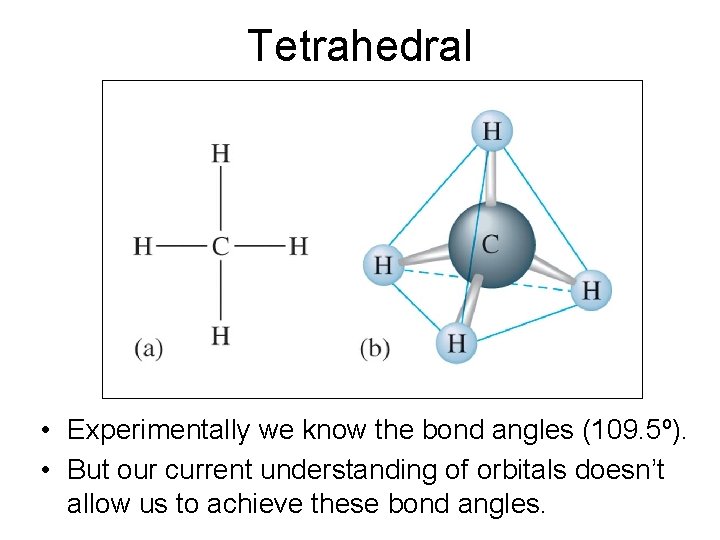 Tetrahedral • Experimentally we know the bond angles (109. 5º). • But our current Tetrahedral • Experimentally we know the bond angles (109. 5º). • But our current