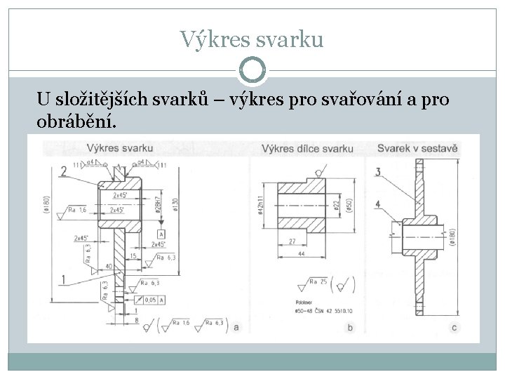 Výkres svarku U složitějších svarků – výkres pro svařování a pro obrábění. 