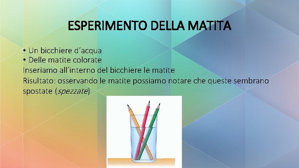 ESPERIMENTO DELLA MATITA • Un bicchiere d’acqua • Delle matite colorate Inseriamo all’interno del