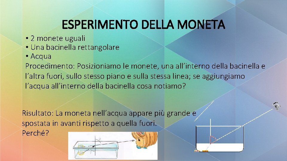 ESPERIMENTO DELLA MONETA • 2 monete uguali • Una bacinella rettangolare • Acqua Procedimento: