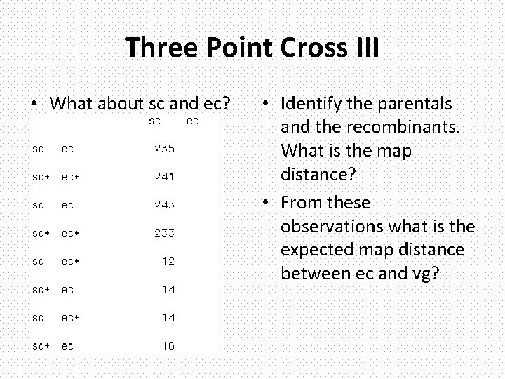 Three Point Cross III • What about sc and ec? • Identify the parentals