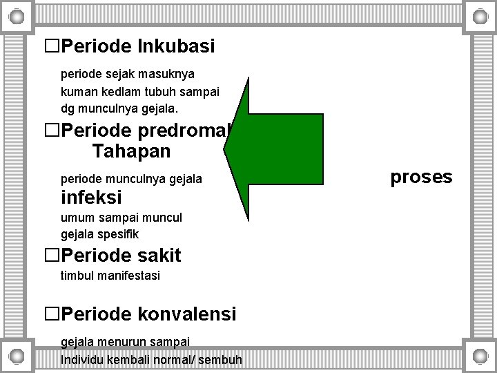 �Periode Inkubasi periode sejak masuknya kuman kedlam tubuh sampai dg munculnya gejala. �Periode predromal