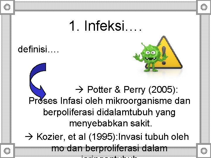 1. Infeksi…. definisi…. Potter & Perry (2005): Proses Infasi oleh mikroorganisme dan berpoliferasi didalamtubuh