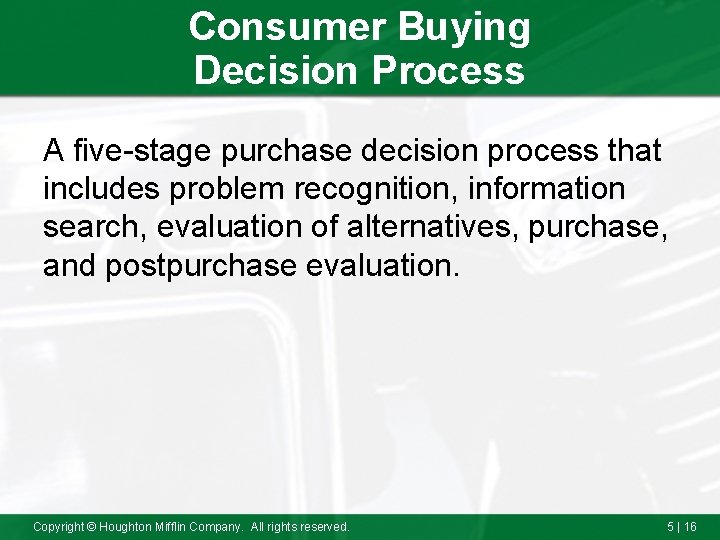 Consumer Buying Decision Process A five-stage purchase decision process that includes problem recognition, information