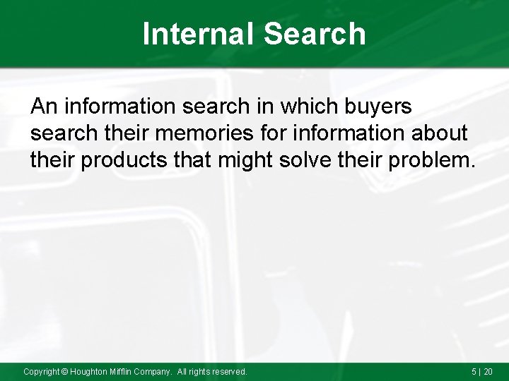 Internal Search An information search in which buyers search their memories for information about