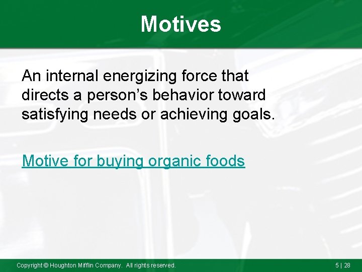 Motives An internal energizing force that directs a person’s behavior toward satisfying needs or