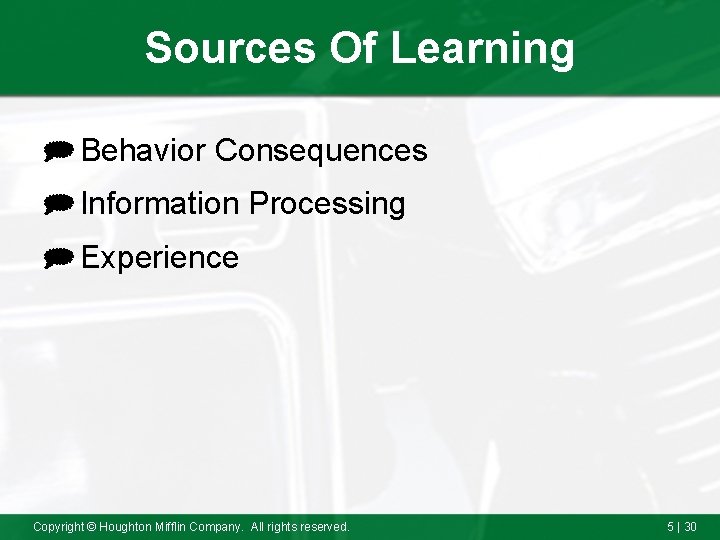 Sources Of Learning ] Behavior Consequences ] Information Processing ] Experience Copyright © Houghton