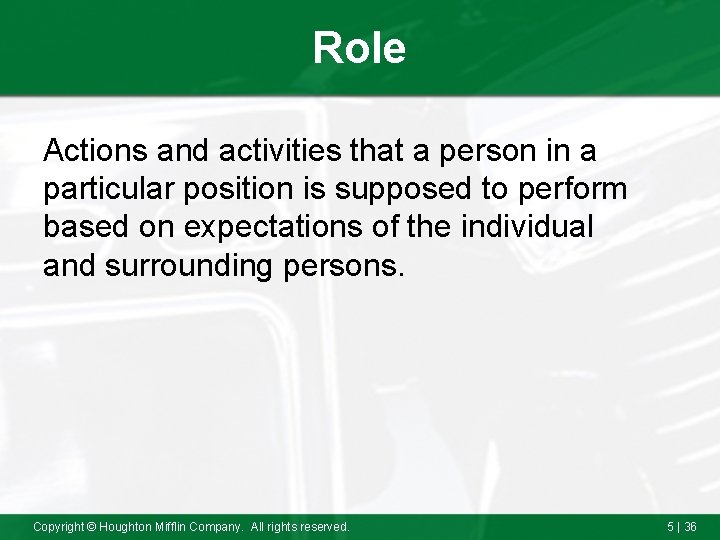 Role Actions and activities that a person in a particular position is supposed to