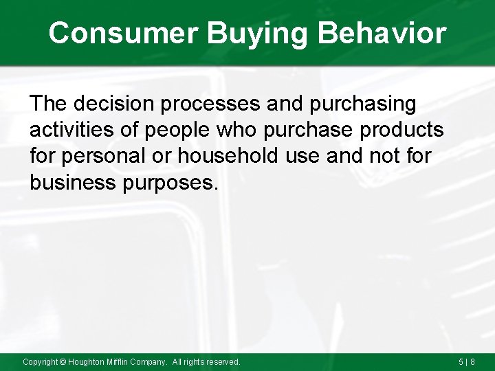 Consumer Buying Behavior The decision processes and purchasing activities of people who purchase products