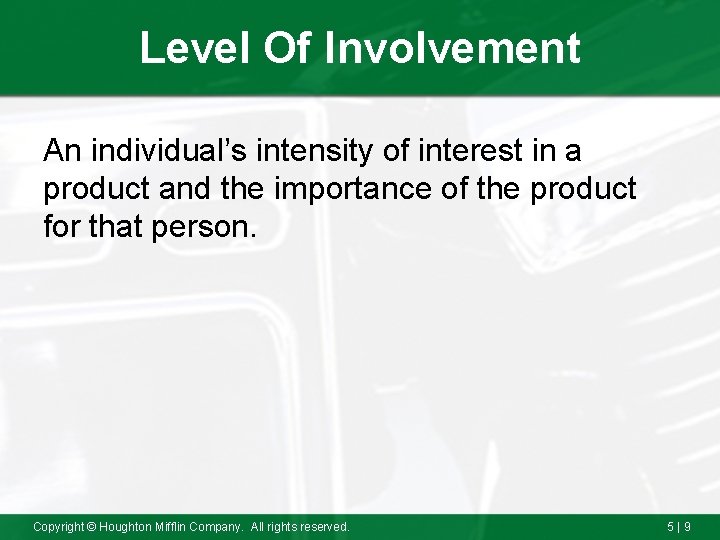 Level Of Involvement An individual’s intensity of interest in a product and the importance
