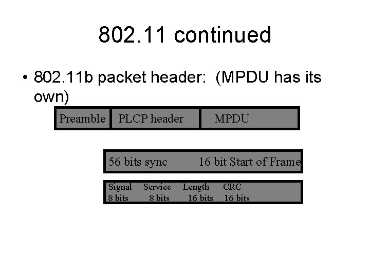 802. 11 continued • 802. 11 b packet header: (MPDU has its own) Preamble