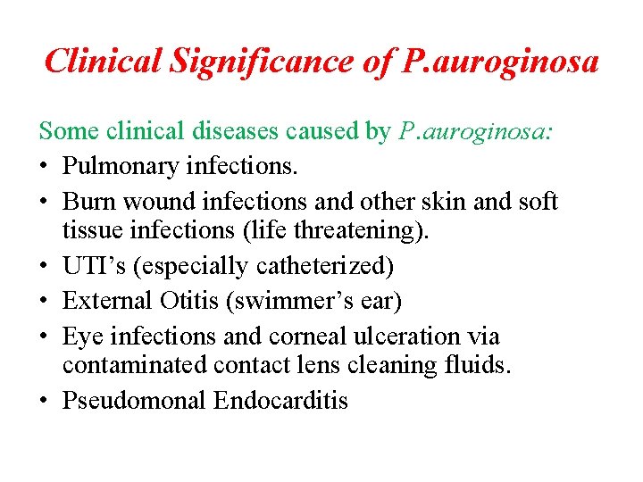 Clinical Significance of P. auroginosa Some clinical diseases caused by P. auroginosa: • Pulmonary Clinical Significance of P. auroginosa Some clinical diseases caused by P. auroginosa: • Pulmonary