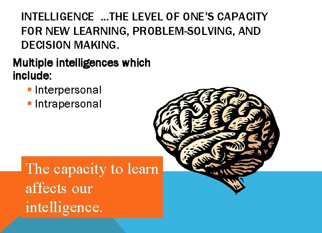 INTELLIGENCE …THE LEVEL OF ONE’S CAPACITY FOR NEW LEARNING, PROBLEM-SOLVING, AND DECISION MAKING. Multiple