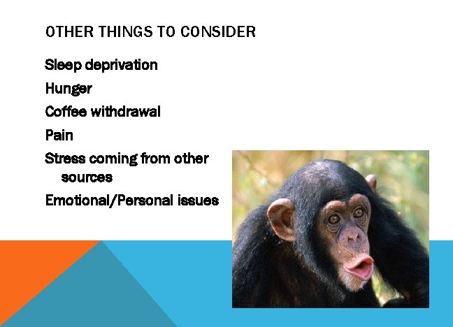 OTHER THINGS TO CONSIDER Sleep deprivation Hunger Coffee withdrawal Pain Stress coming from other