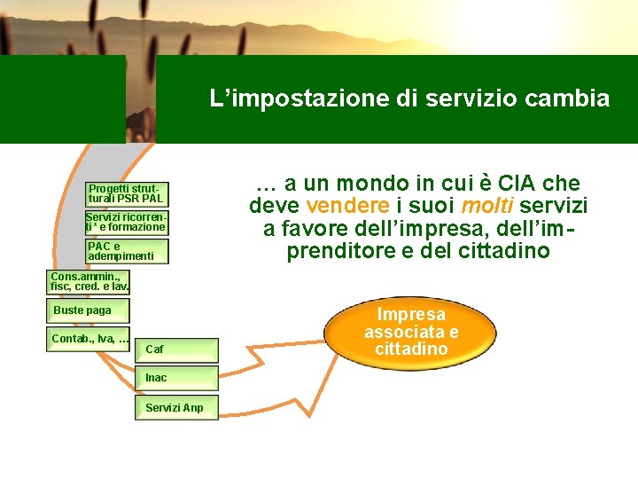 L’impostazione di servizio cambia Progetti strutturali PSR PAL Servizi ricorrenti* e formazione PAC e