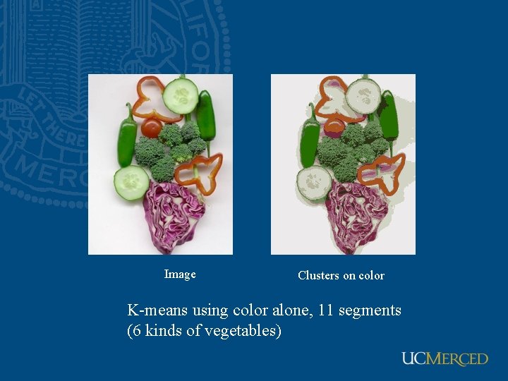 Image Clusters on color K-means using color alone, 11 segments (6 kinds of vegetables) Image Clusters on color K-means using color alone, 11 segments (6 kinds of vegetables)