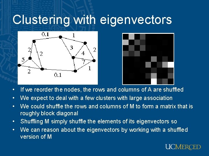 Clustering with eigenvectors • If we reorder the nodes, the rows and columns of