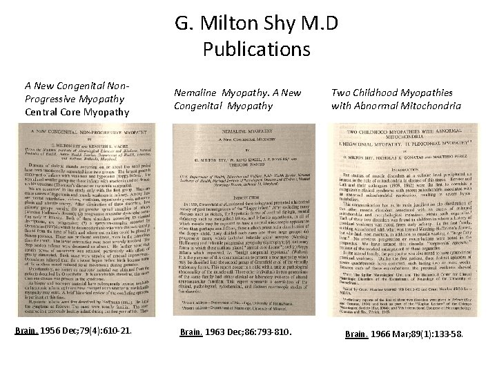 G. Milton Shy M. D Publications A New Congenital Non. Progressive Myopathy Central Core