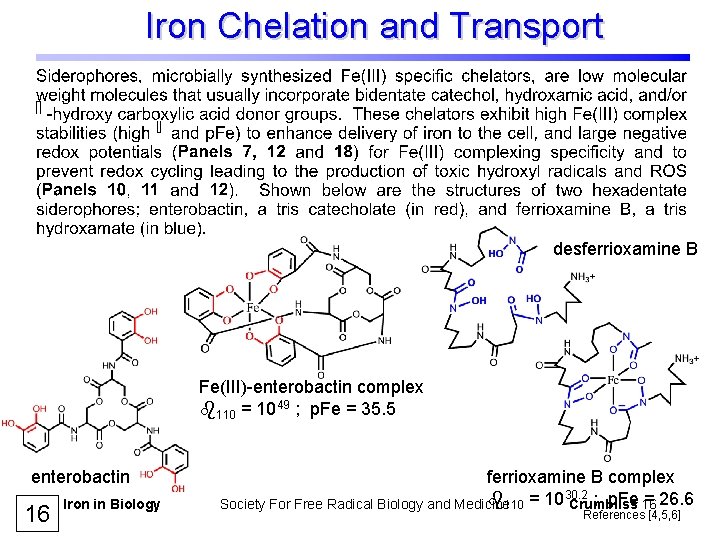 Iron Chelation and Transport desferrioxamine B Fe(III)-enterobactin complex 110 = 1049 ; p. Fe