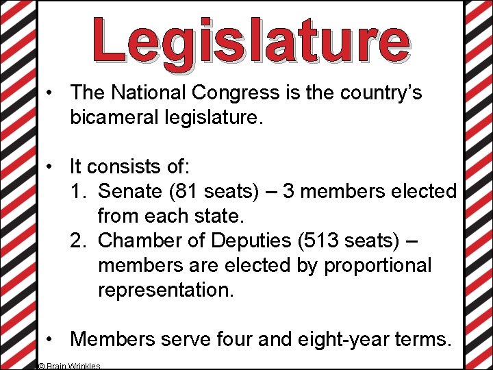 Legislature • The National Congress is the country’s bicameral legislature. • It consists of: