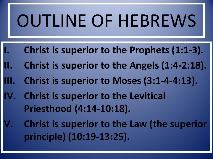 OUTLINE OF HEBREWS I. III. IV. V. Christ is superior to the Prophets (1: