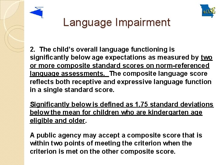 Language Impairment 2. The child’s overall language functioning is significantly below age expectations as