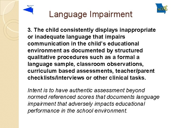 Language Impairment 3. The child consistently displays inappropriate or inadequate language that impairs communication