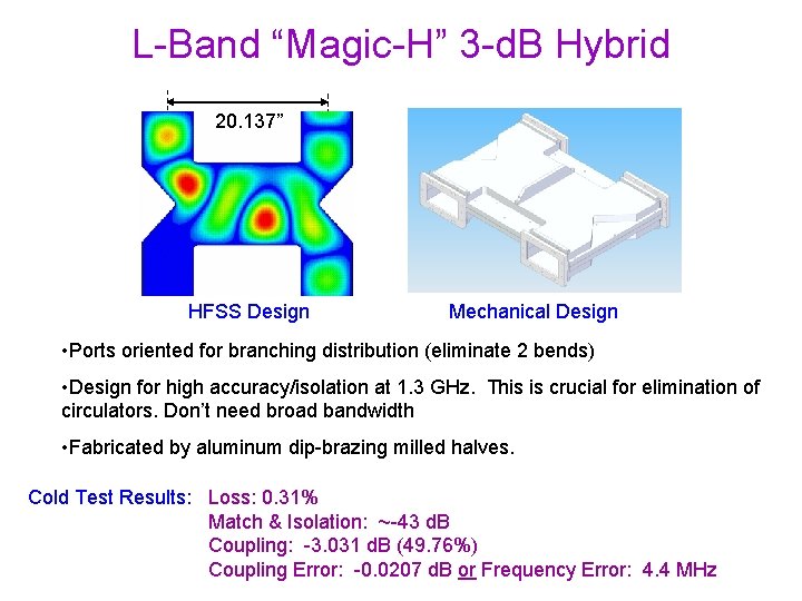 L-Band “Magic-H” 3 -d. B Hybrid 20. 137” HFSS Design Mechanical Design • Ports