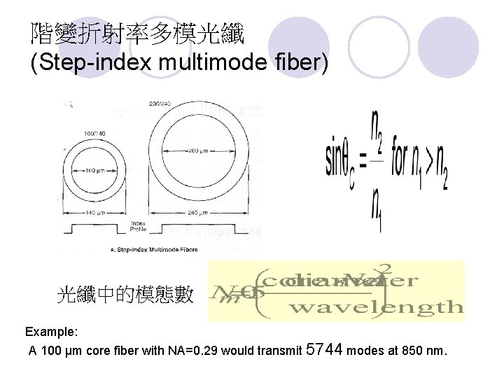 階變折射率多模光纖 (Step-index multimode fiber) 光纖中的模態數 Example: A 100 µm core fiber with NA=0. 29