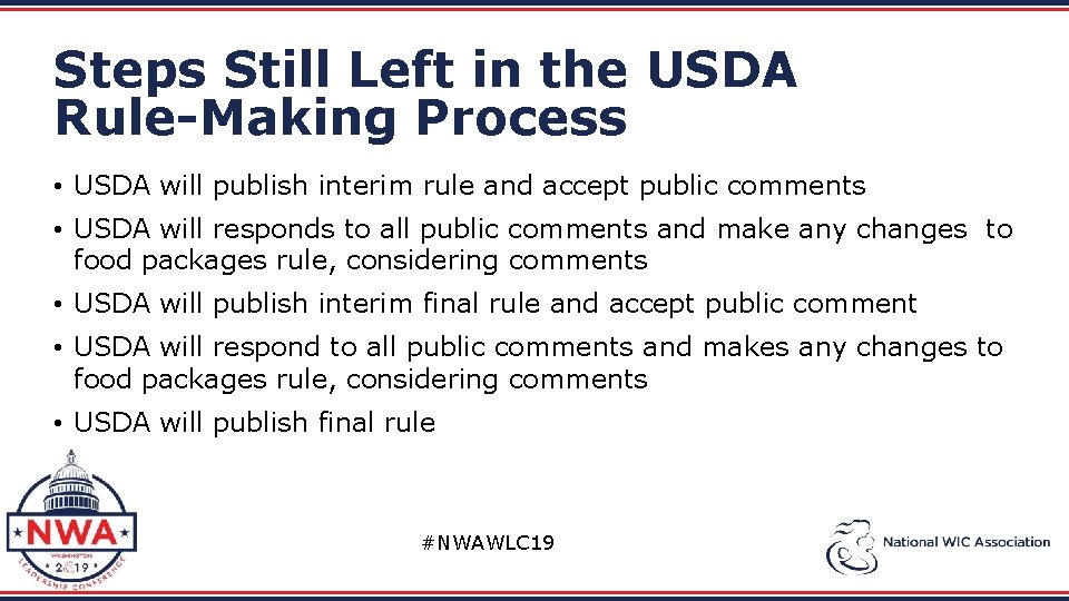 Steps Still Left in the USDA Rule-Making Process • USDA will publish interim rule