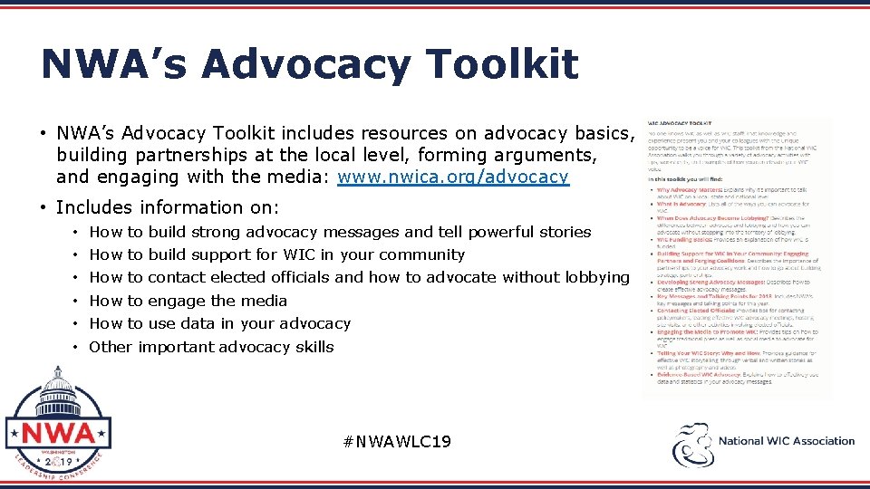 NWA’s Advocacy Toolkit • NWA’s Advocacy Toolkit includes resources on advocacy basics, building partnerships