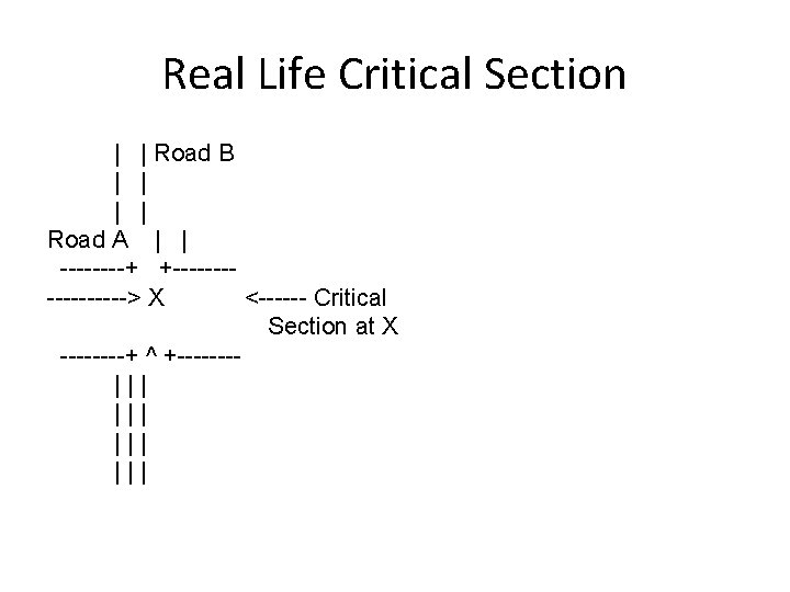 Real Life Critical Section | | Road B | | Road A | |