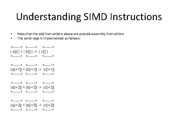 Understanding SIMD Instructions • • Note that the add instructions above are pseudo-assembly instructions