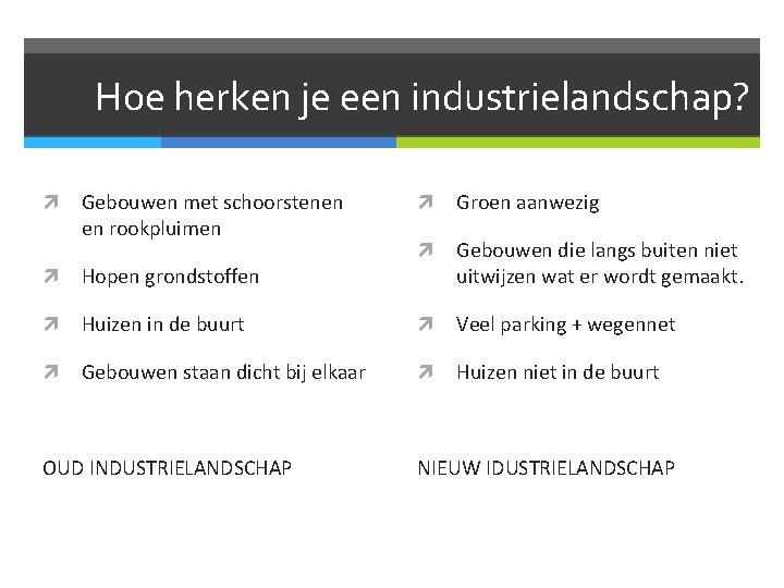 Hoe herken je een industrielandschap? Gebouwen met schoorstenen en rookpluimen Groen aanwezig Gebouwen die