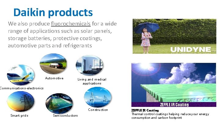Daikin products We also produce fluorochemicals for a wide range of applications such as