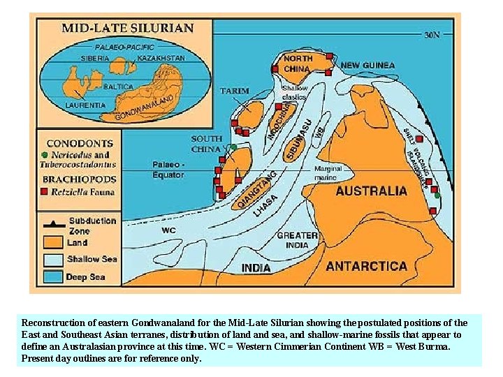 Reconstruction of eastern Gondwanaland for the Mid-Late Silurian showing the postulated positions of the