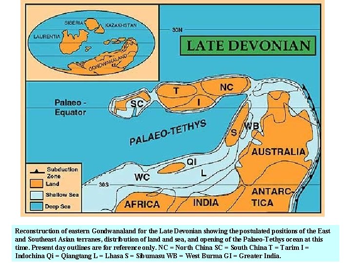 Reconstruction of eastern Gondwanaland for the Late Devonian showing the postulated positions of the