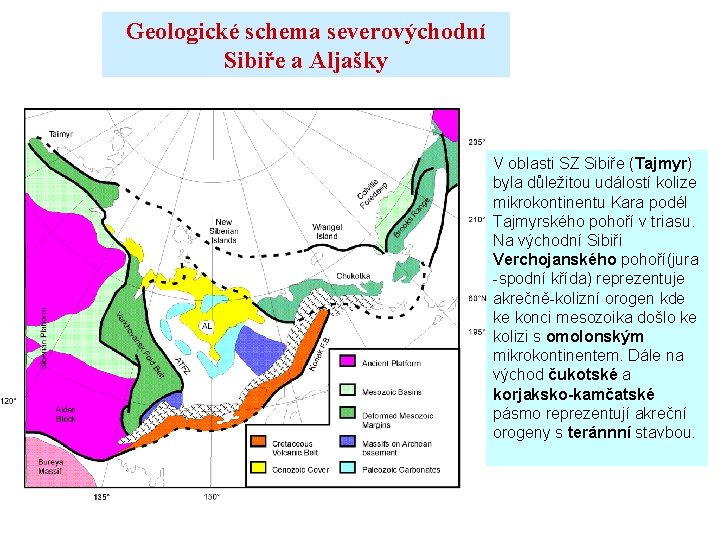 Geologické schema severovýchodní Sibiře a Aljašky V oblasti SZ Sibiře (Tajmyr) byla důležitou událostí