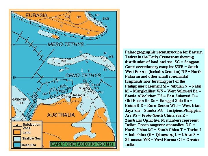 Palaeogeographic reconstruction for Eastern Tethys in the Early Cretaceous showing distribution of land sea.