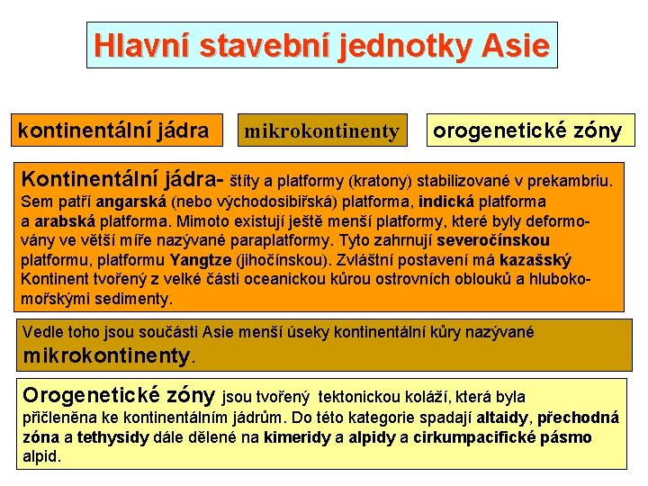 Hlavní stavební jednotky Asie kontinentální jádra mikrokontinenty orogenetické zóny Kontinentální jádra- štíty a platformy