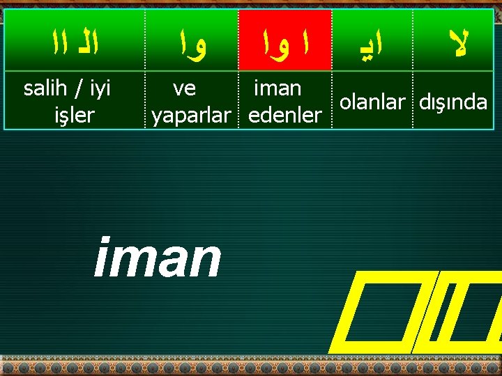  ﺍﻟ ﺍﺍ salih / iyi işler ﻭﺍ ﺍﻳ ﻻ ve iman olanlar dışında