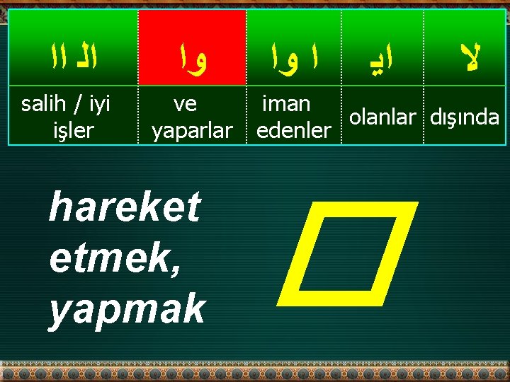  ﺍﻟ ﺍﺍ salih / iyi işler ﻭﺍ ve yaparlar hareket etmek, yapmak ﺍ