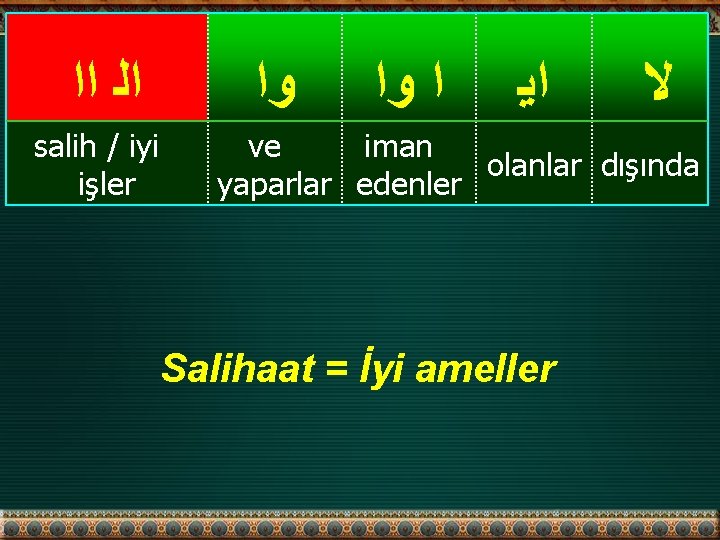  ﺍﻟ ﺍﺍ ﻭﺍ salih / iyi işler ﺍ ﻭﺍ ﺍﻳ ﻻ ve iman