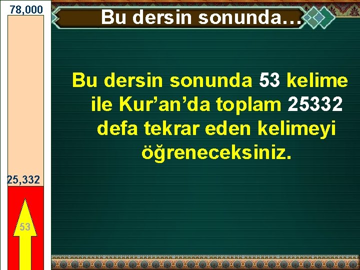 78, 000 Bu dersin sonunda… Bu dersin sonunda 53 kelime ile Kur’an’da toplam 25332