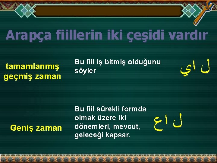 Arapça fiillerin iki çeşidi vardır tamamlanmış geçmiş zaman Geniş zaman Bu fiil iş bitmiş