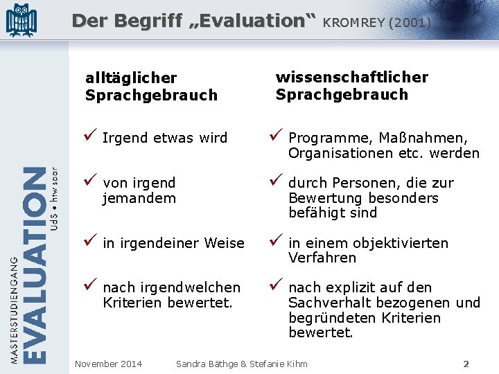 Der Begriff „Evaluation“ alltäglicher Sprachgebrauch KROMREY (2001) wissenschaftlicher Sprachgebrauch ü Irgend etwas wird ü