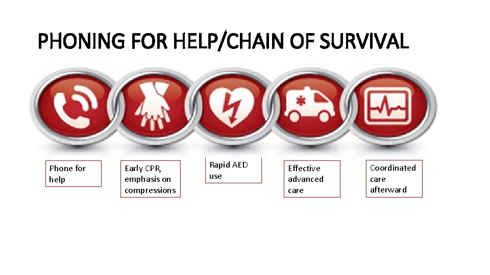 PHONING FOR HELP/CHAIN OF SURVIVAL Phone for help Early CPR, emphasis on compressions Rapid
