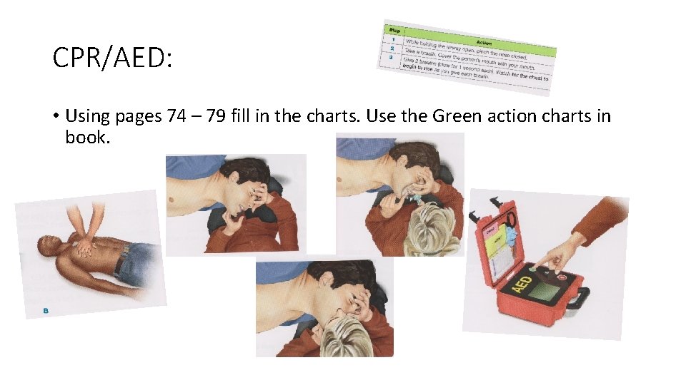 CPR/AED: • Using pages 74 – 79 fill in the charts. Use the Green
